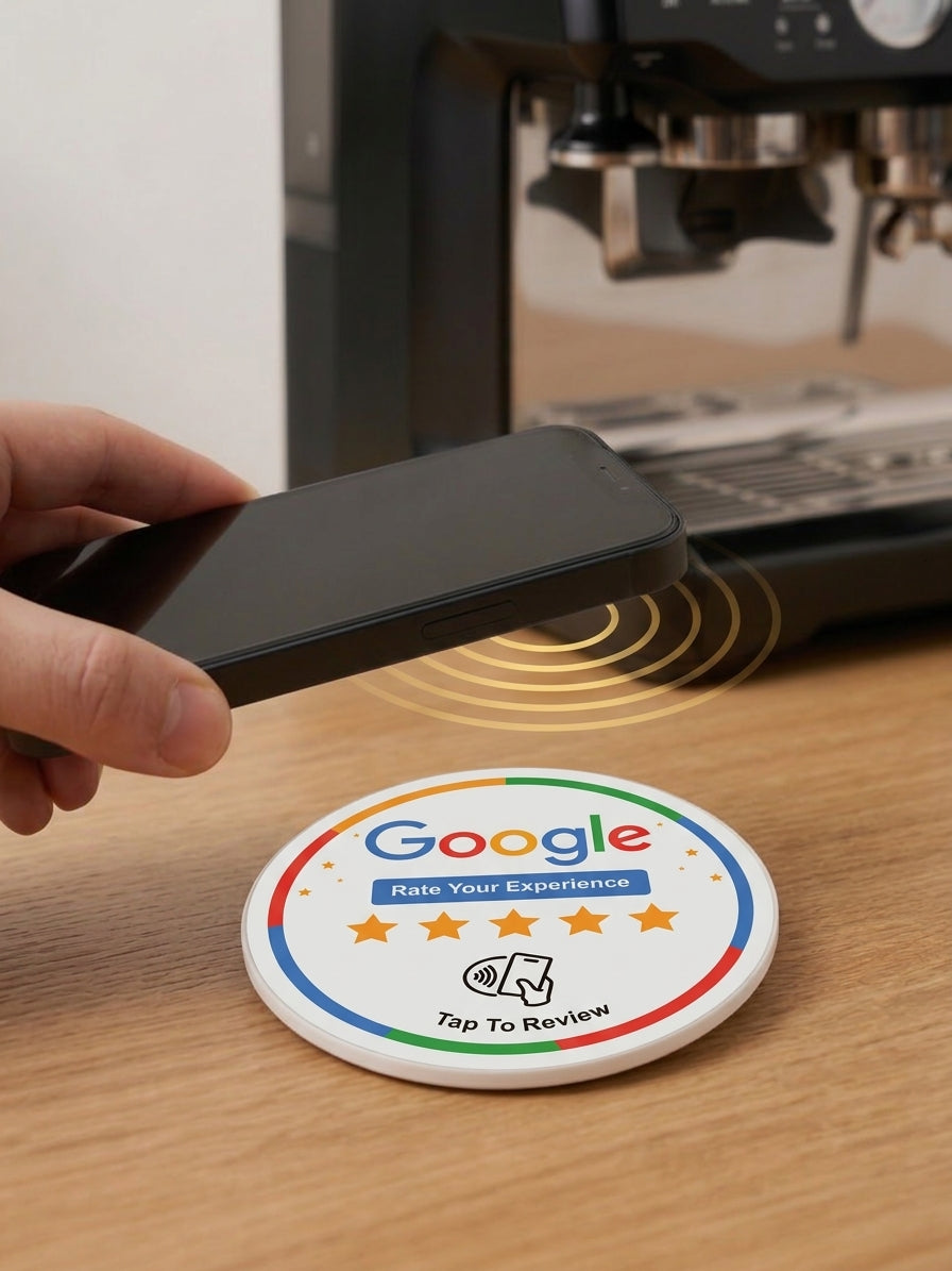 Programming the card: a phone held just above a round Google review disc on a café counter, transferring the review link over NFC