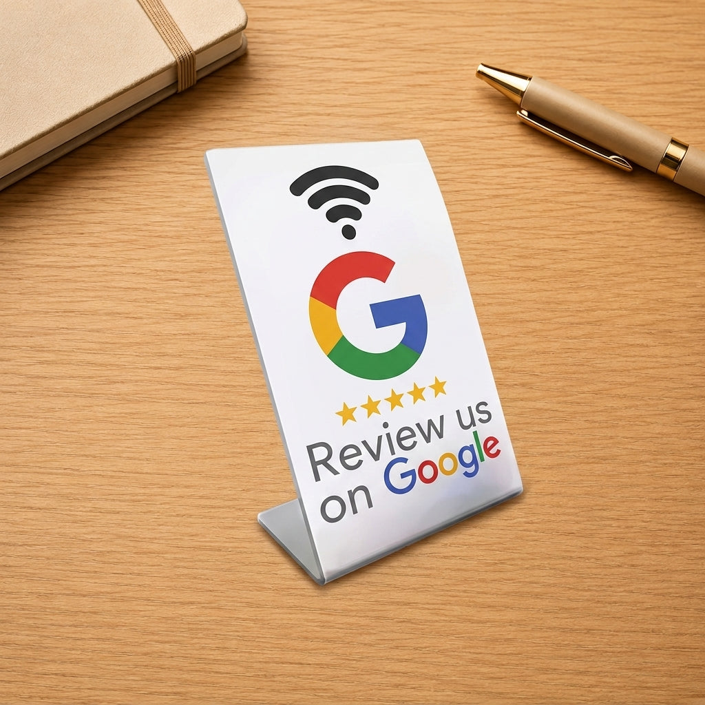 Tap To Review NFC stand on a counter - tap to leave a Google review