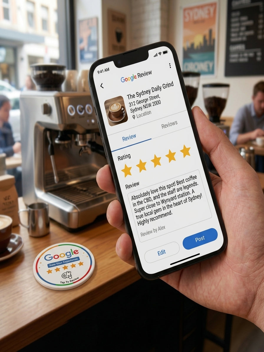 A customer's phone showing the Google review page for a Sydney café with five stars selected, seconds after tapping the disc on the counter