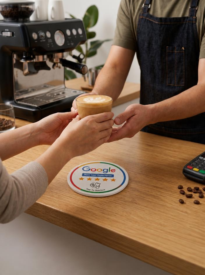 A barista handing over a coffee across the counter, with the round Google review disc sitting next to the card payment terminal